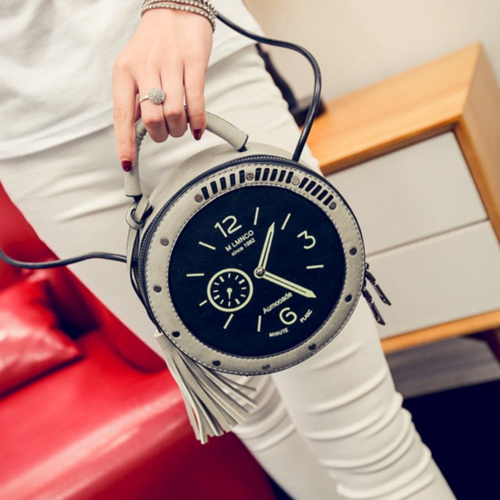 Steampunk Alarm Watch Clock Tassels Circular Messenger Round Crossbody Purse Bag